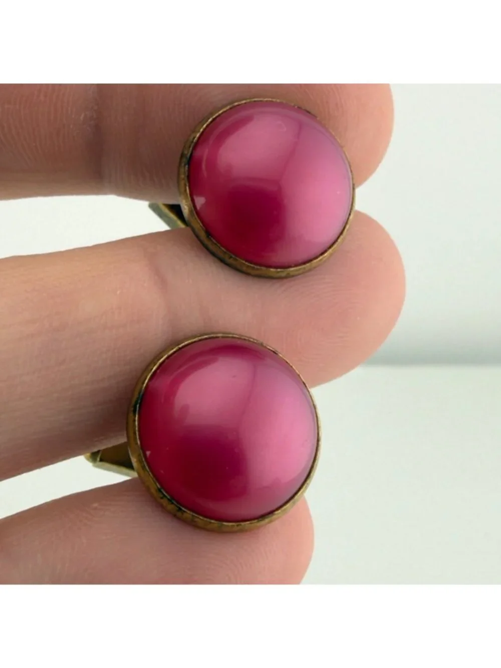 Vintage Round Cabochon Cufflinks Set of 2 Green Pink Mid Century